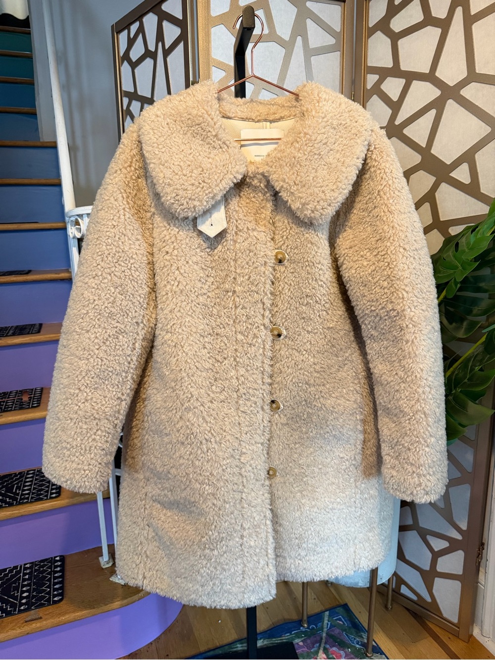 Rebecca Taylor Cream Teddy Faux Fur Coat Size 6 Plush Button Front